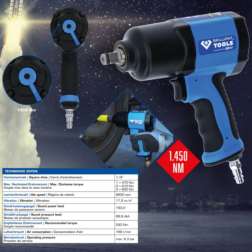 Brilliant Tools 1/2" Druckluft-Schlagschrauber, 1450 Nm BT160100 1 Brilliant Tools 1/2" Druckluft-Schlagschrauber, 1450 Nm BT160100