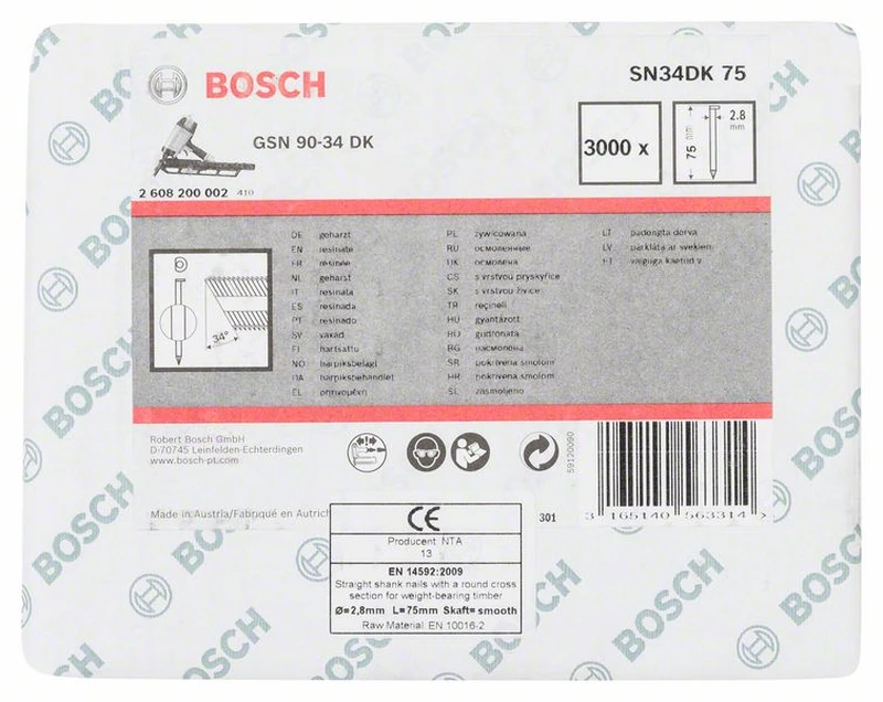 Bosch D-Kopf Streifennagel SN34DK 75 2,8 Mm 75 Mm Blank Glatt 2608200002 1 Bosch D-Kopf Streifennagel SN34DK 75 2,8 Mm 75 Mm Blank Glatt 2608200002