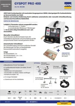 GYS GYSPOT PRO 400 052185 Ausbeulspotter Spotter Für Stahl 400V 3ph 2x Pistole -Feintool Verkaufe Pro 400 IV